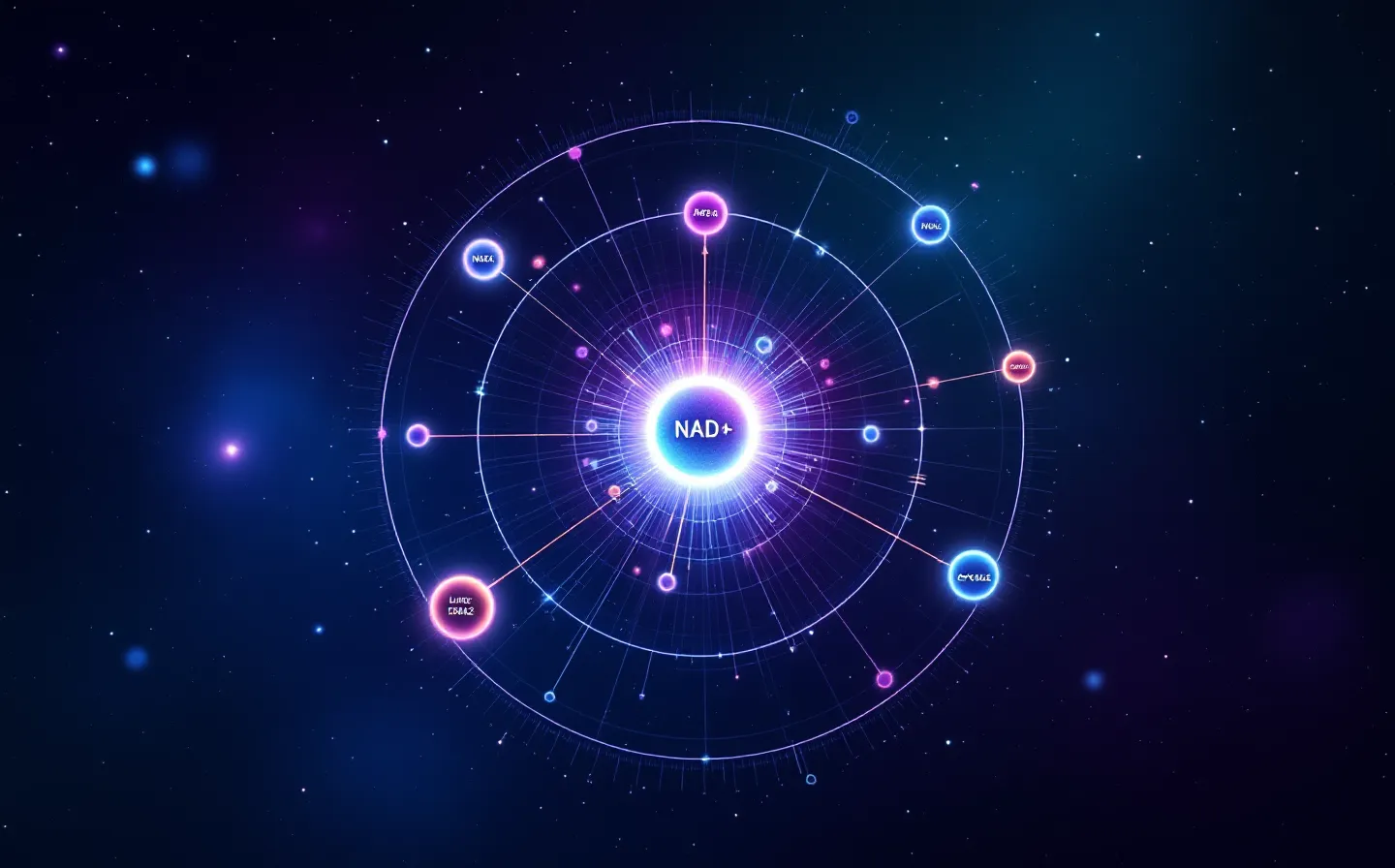 A luminous orbital ecosystem map: a central cyan NAD+ core node connected by gradient threads to violet precursor nodes and smaller enzyme nodes on a deep cosmic-ink ground